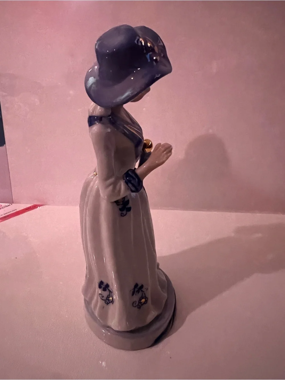 Vintage Porcelain Lady Figurine in White and Light Blue with Gold Accents